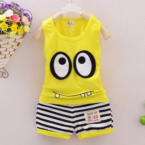 Newborn Baby Clothes 0-24M Infant Boys Girls Baby Sets Summer Sleeveless Cartoon Eye Tops +Striped Shorts Kids Clothing Suit D10