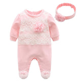 Newborn Baby Girl Cotton Lace Footies 1piece Overall with Hair Band 2018 New Spring Pink Infant Girl Clothes Born 3m 6m 1t Gift