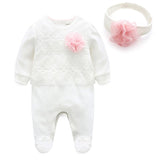 Newborn Baby Girl Cotton Lace Footies 1piece Overall with Hair Band 2018 New Spring Pink Infant Girl Clothes Born 3m 6m 1t Gift