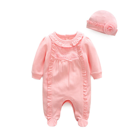 Newborn Baby Girl Cotton Ruffle Footies 1piece Overall with Cap 2018 New Spring Red Pink Infant Girl Clothes Born 3m 6m 1t Gift