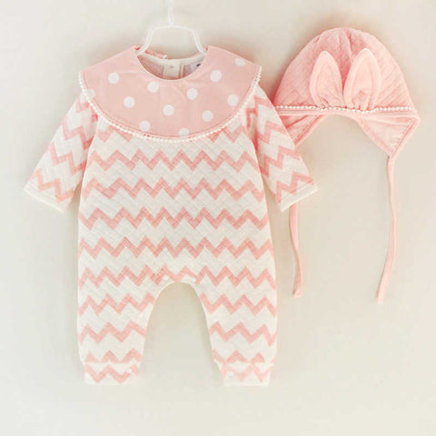 Newborn Baby Girls Clothing Set Thick Air Cotton Romper+Hat 2pcs Striped Jumpuit Cute Rabbit Style Infant Clothes Birthday Gift