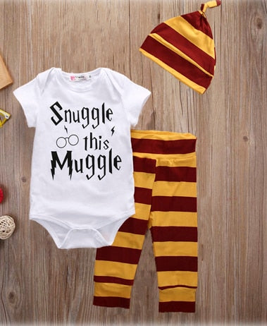 Newborn baby boy girls clothing 3pcs sets Infant Toddle girls Romper+Pants+Hat Snuggle on this muggle baby clothes outfit