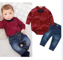 Newborns clothes   red plaid rompers shirts+jeans baby boys clothes bebes clothing set