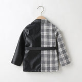Girls Long Sleeve Plaid Patchwork PU Single-breasted Top Coat Children Jacket Kids Baby Leather Outwear 2-7Y