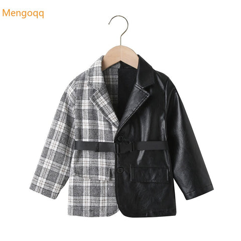 Girls Long Sleeve Plaid Patchwork PU Single-breasted Top Coat Children Jacket Kids Baby Leather Outwear 2-7Y