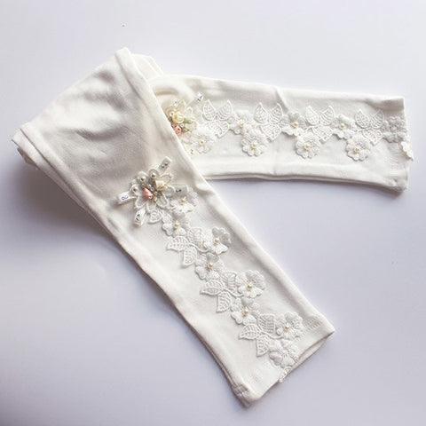 Original design Girls Pants Spring autumn   Leggings Children Elastic Floral Flowers Cotton white pink Kids Trousers 4 6 8 11Y