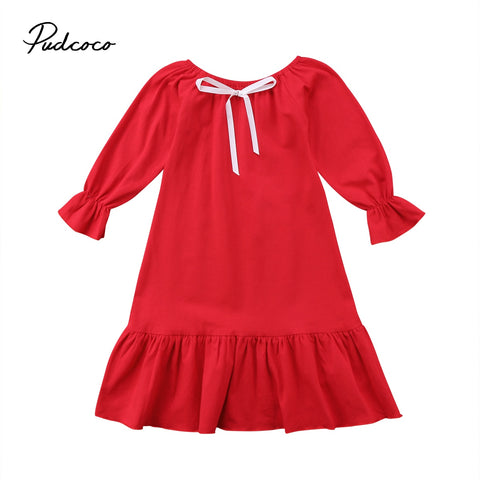 Newest Hot Kids Baby Girls Princess Ruffle Cotton Dress Longuette Clothes Nightgown Red White Pop Dresses 2-7Y