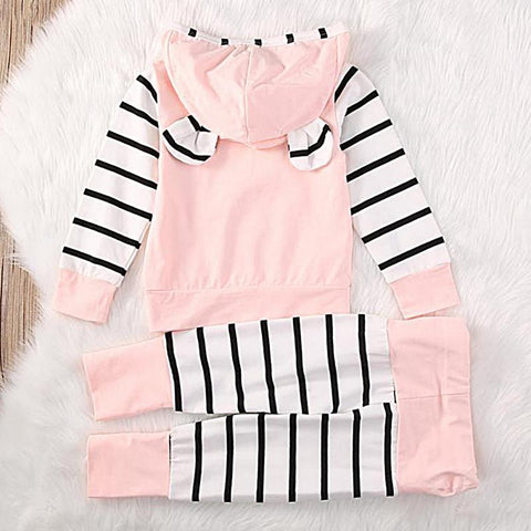 Pink Casual Striped Toddler Newborn Clothes Coat Baby Girl Hooded Top outwear And Long Pants Outfits 2PCS Clothes Set 0-2 year