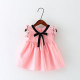 Preppy Summer Baby Girl Dress with Bow Ruffle Sleeve Infant Dresses Cotton Toddler Baby Girl Clothes 4 Colors