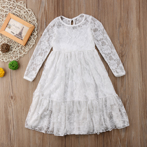 Princess Toddler Kids Girl Lace Bow Dress Wedding Party Formal Dresses Long Sleeve White Pink Beige Sweet Pretty Long Dress