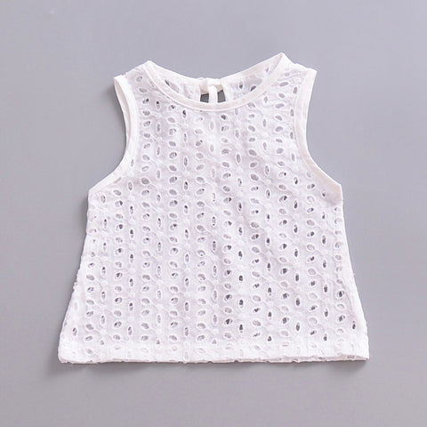 Pure color Stylish Baby Cute Lace Hollow Tops T-shirt Blouse White Outfits Sleeveless Newborn Baby Girl Cotton T-shirt