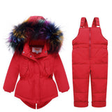 Russia Winter Kids Snowsuit Girls Jacket+Jumpsuit Baby White Duck Down Overall Children Real Raccoon Fur Hooded Boys Ski Suit