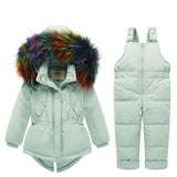 Russia Winter Kids Snowsuit Girls Jacket+Jumpsuit Baby White Duck Down Overall Children Real Raccoon Fur Hooded Boys Ski Suit