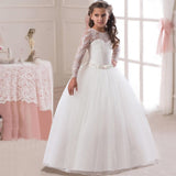 See Through Lace Long Sleeve Kids Teen Girls Evening Wedding Dress Children Pink Lavender White Red Ball Gown for Girls