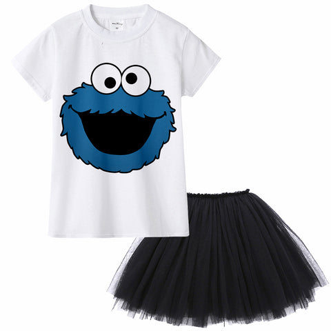 Sesame Street Elmo Cookie Monster Kids Girl Clothing Set Children Summer T Shirt + Tutu Skirt Dress Suit Baby Clothes Toddler