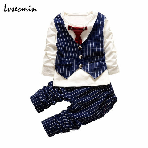 Spring 2016 Baby Boys Clothes Sets Infant Newborn Gentleman Long Sleeve Plaid Tie Shirt+Pants Suits Kids Clothing Set JW0134