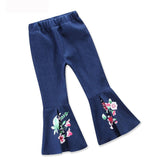 Spring Autumn Fashion Cotton Embroidery Cotton Baby 2t 3t 4t 5 Years Girls Flared Pants Kids Jeans White Blue Patchwork