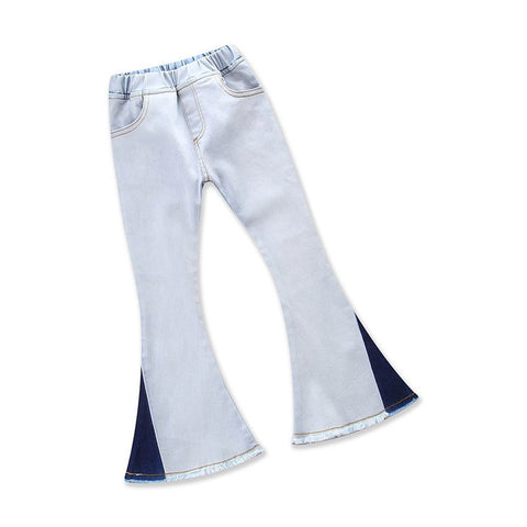 Spring Autumn Fashion Cotton Embroidery Cotton Baby 2t 3t 4t 5 Years Girls Flared Pants Kids Jeans White Blue Patchwork