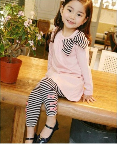Spring Autumn Girl's Clothing Sets Fashion Pink Color Bow Tie Kid 2PCS Suit Toddler Striped Tracksuit Kid Clothes For Girl