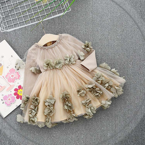 Spring Long Sleeve Mesh Patchwork Flowers Baby Wedding Party Girls Kids Princess Fairy Infants Ball Gown Dress Vestidos S6350