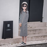 Stripe Girls Casual Midi Dress 2023 Kids Cotton Dress Teen Clothes Black Brown Long Sleeve Pockets Comforable Fabric,#6503
