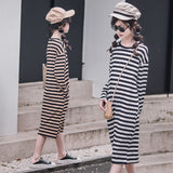 Stripe Girls Casual Midi Dress 2023 Kids Cotton Dress Teen Clothes Black Brown Long Sleeve Pockets Comforable Fabric,#6503