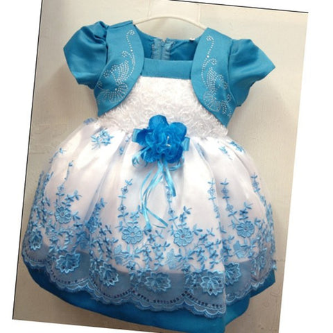Stylish Print Fashion Chiffon Lace Ball Gown Infant Baby Girls Blue Floral Dress