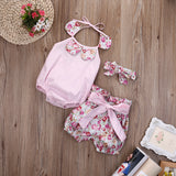 Summer 3Pcs New Lovely Baby Girl Floral Print Bodysuit Halter Jumpsuit Bowknot Short Headband Cute Baby Girl Clothes Outfits Set
