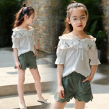 Summer Clothes For Girls Flower Embroidery White Shirt + Solid Pants 2 PCS Girls Summer Set Teenage Kids We 6 8 10 12 13 Year
