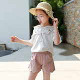 Summer Clothes For Girls Flower Embroidery White Shirt + Solid Pants 2 PCS Girls Summer Set Teenage Kids We 6 8 10 12 13 Year