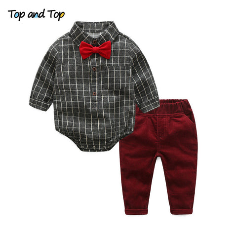 Baby Boy Clothes Newborn Clothing Sets Broadcloth Cotton Gentleman Fashion Plaid Rompers + Jeans 2Pcs/set