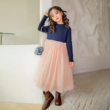 Teen Girls 2023 Spring Mesh Patchwork Princess Dress Korean Style Children Knitting Clothing Elegant, #9265
