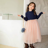 Teen Girls 2023 Spring Mesh Patchwork Princess Dress Korean Style Children Knitting Clothing Elegant, #9265