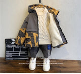 Teen Windproof Thicken Cotton Boy Winter Jacket Coat Clothes Plus Velvet Zipper Clothing Patchwork Jackets Warm Printed Hooded