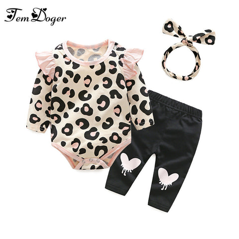 Baby Clothing Sets 2017 Baby Girl Winter Clothes Infant Clothing Leopard Print Rompers Headband Pants 3PCS Outfits Set