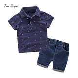 ( )New Fashion Kids Clothes Boys Summer Clothes Print Polo Shirt + Shorts Jeans Boys Clothing Sets Toddler Boy Clothes