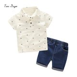 ( )New Fashion Kids Clothes Boys Summer Clothes Print Polo Shirt + Shorts Jeans Boys Clothing Sets Toddler Boy Clothes