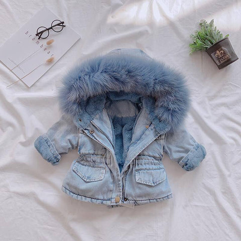 Thick Velvet Kids Winter Jean Coat Autumn Big Fur Collar Hooded Warm Parkas Mid-Long Girls Denim Jackets Outerwear