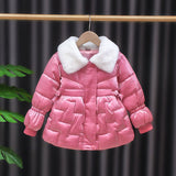 Toddler Baby Girls Cotton Padded Jacket Warm Winter Belt Bow Children's Bright Outerwear Long Parka Coat Fur Collar Kids Clothes