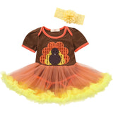 Toddler Newborn Baby Boys Girls Thanksgiving Turkey Print Clothes Short Sleeve Romper Dress with Lace Bow Headband 2PCS Outfit