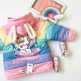Tonytaobaby Winter Cute Rabbit Rainbow Strip Hooded 3D Rabbit Plush Cotton Coat  Girls Coats
