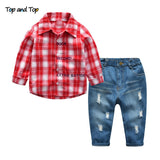 Spring Autumn Casual Boys Clothes Sets Cotton Striped Shirts + Ripped Jeans Pants 2Pcs/set Gentleman Kids Clothes