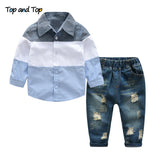 Spring Autumn Casual Boys Clothes Sets Cotton Striped Shirts + Ripped Jeans Pants 2Pcs/set Gentleman Kids Clothes