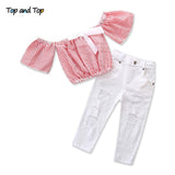 Summer Girls Clothing set Striped Short Sleeve Bowknot T-Shirt+ Hole Jeans 2Pcs/set Kids Girl Clothes Girls Set
