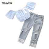 Summer Girls Clothing set Striped Short Sleeve Bowknot T-Shirt+ Hole Jeans 2Pcs/set Kids Girl Clothes Girls Set