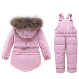 Traje de nieve para niños, chaqueta de plumón de pato, mono de Parka de piel auténtica con capucha, conjunto de abrigo cálido para niños, conjunto de ropa de bebé niña
