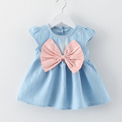WEIXINBUY Baby Girls Bow-knot Design Mini Dress Children Baby Summer Style Fashion Short Sleeve Party Dress Kids Clothes