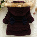 Warm Winter Jacket For Girls Fur Hooded Bowknot Baby Girls Winter Coat Long Cotton-Padded Parka Kids Children's Outerwear JW2915