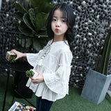 White Green Flare Sleeve Blouses for Baby Girls Long Sleeve fashion Children Scho Shirt Kids Teeange Blouses Clothes Tops