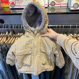Winter 2-7 Years Children's Outwear Tops Coat Boys Baby Plush Thickening Rabbit Fur Hooded Black Lattice Jacket for Kids Clothes